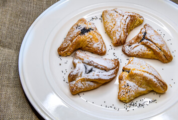 Traditional hamentash cookies filled with fruit jam, homemade for the Jewish festival of Purim