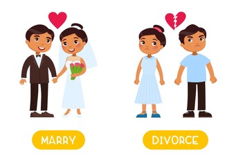 Opposites concept, MARRY and DIVORCE. Word card for English language learning. Flashcard with antonyms for children.