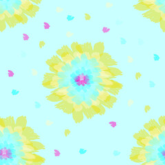 Floral seamless pattern with yellow and blue colors on a blue background. Spring flowering elements. For textiles, wallpapers, backgrounds and postcards.