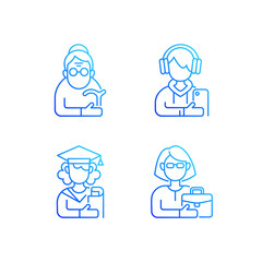 Age and gender differences gradient linear vector icons set. Female pensioner. Male teenager. Female student. Thin line contour symbols bundle. Isolated vector outline illustrations collection