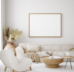 Mock up frame in home interior background, beige room in Scandi-Boho style, 3d render