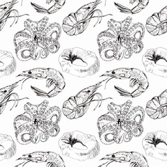 Seamless seafood pattern, mix skewers meat, vegetables and sea food. Hand painted illustration.