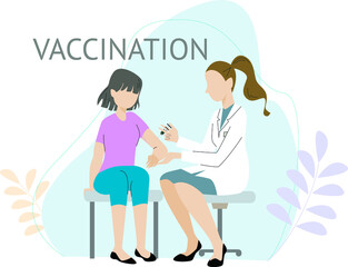 Vaccination children vector illustration on white background for healthcare design. Coronavirus prevention. Covid-19 epidemic vaccine. Kids healthcare, teenager vaccine. Injection of vaccine