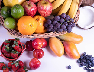 Healthy food . Healthy vegan vegetarian food in paper bag vegetables and fruits on white, copy space. Shopping food supermarket,organic.