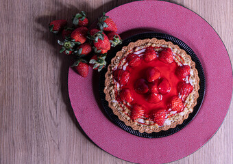 strawberry pie wooden background fruits, sweet bakery chocolate