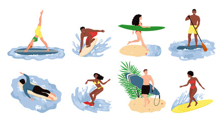 People beach activities. Cartoon characters on summer vacation, surfing swimming sunbathing outdoor scenes. Bundle of happy surfers in beachwear with surfboards isolated on white background