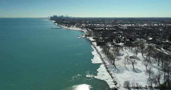 The Evanston shoreline along Lake Michigan shows the remnants of an extended cold snap during a frigid Chicago winter.