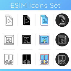 Residential window and door installation icons set. Providing insulation. Temperatures maintenance. Indoor garden. Light penetration. Linear, black and RGB color styles. Isolated vector illustrations