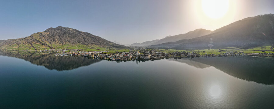 Panoramas of the village of  the village of Arth on the lakeshores of lake Zug in the canton of Schwytz, Switzerland. 