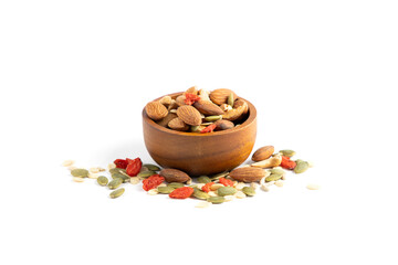 Assorted nuts are placed in a brown wooden cup on a white background with almonds, sunflower seeds, melon seeds, cashews, seasoned kee.