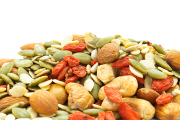 Close up assorted nuts are almonds, sunflower seeds, melon seeds, cashews, seasoned kee.