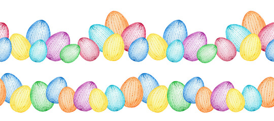 Colored Easter egg borders isolated on the white background. Watercolor illustration. Happy Easter seamless headers