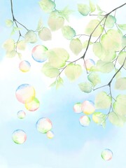 Fototapeta premium シャボン玉が飛ぶ緑の風景