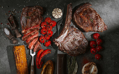 grilled beef steak on a dark background. expensive marbled beef of the highest grade fried to rare...