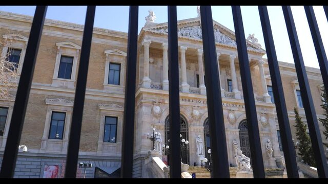 MADRID, SPAIN - FEBRUARY 22 2020 different shots of the NATIONAL LIBRARY on the Paseo de la Castellana in Madrid
