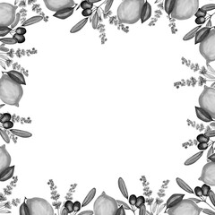 Obraz premium Watercolor painting of lemon, olive, lavender frame