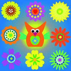 Fototapeta na wymiar Flowers of different colors on a light background with a bird. spring.