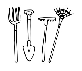 Vector set of garden insulated tools from Shovel Rake and Fork Hand drawn in doodle style Black outline on white background for label design Template