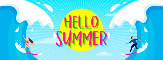 Hello! Summer banner vector illustration. Fun big wave surfing with bright sky