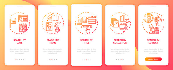 Online library search options onboarding mobile app page screen with concepts. Friendly searching interface walkthrough 5 steps graphic instructions. UI vector template with RGB color illustrations