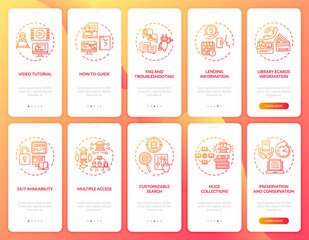 Online library onboarding mobile app page screen with concepts. New technology. Types of digital libraries walkthrough 10 steps graphic instructions. UI vector template with RGB color illustrations