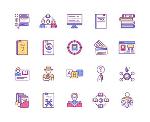 Online library RGB color icons set. Types of digital libraries. Free infromation access. Different types of books. Literature for adults, kids and teen. Digital learning. Isolated vector illustrations