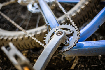 Closeup of mountain bike front gear