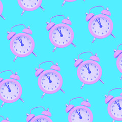 Alarm clock on a colored background. Creative pattern with a clock. Minimal trendy style