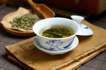 Lotus leaf tea in blue and white porcelain covered bowl