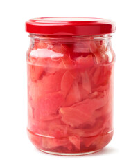Fototapeta na wymiar Pickled ginger in a glass jar on a white background. Isolated