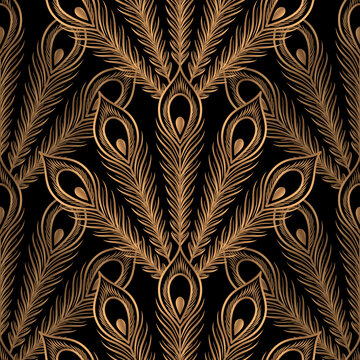 Peacock feathers luxury pattern seamless. Oriental gold black royal background vector. Middle east design for gift wrapping paper, beauty spa, yoga wallpaper, wedding party, birthday package, backdrop