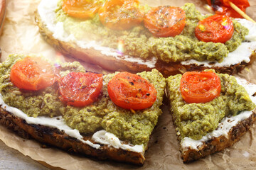Bruschetta with Mozzarella, fresh pesto and cherry roasted tomatoes