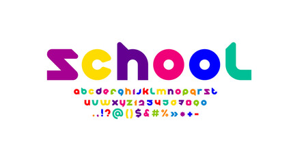 Multi colored modern alphabet, rounded bright font, trendy letters from A to Z and numbers from 0 to 9, vector illustration 10EPS