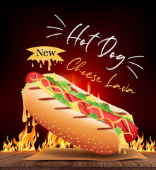 Delicious Hot Dog Cheese ads and ingredients on wooden with burning fire in 3d. Vector