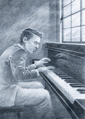 pencil drawing of a pianist playing in front of a window