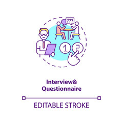 Qualitative research methods concept icon. Getting and analyzing information idea thin line illustration. Experiments and researcher. Vector isolated outline RGB color drawing. Editable stroke