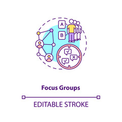 Focus group concept icon. Market researching idea thin line illustration. Qualitative method. Gathering group to discuss task. Vector isolated outline RGB color drawing. Editable stroke
