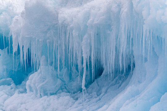 Icicles forming from melting and refreezing on iceberg at Devil Island, Weddell Sea, Antarctica, Polar Regions