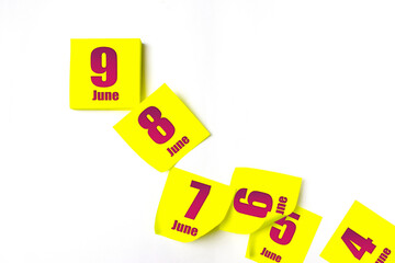June 9th. Day 9 of month, Calendar date. Many yellow sheet of the calendar. Summer month, day of...