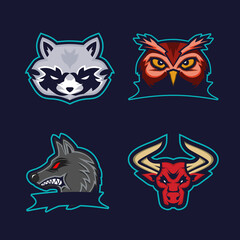 Wild Animals Heads Logo Mascot Set. Raccoon, Owl, Wolf, bull - Esport Sports Mascot Logo Illustration Design Vector Pack