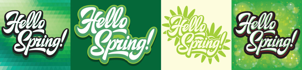 Fototapeta premium Set of vector color illustrations with calligraphic inscription Hello Spring