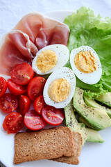 Boiled eggs, bacon, avocado, toast and tomatoes and lettuce salad.