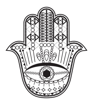 Hamsa hand vector with mystical, esoteric symbols like pyramid, evil eye. Indian color page, tattoo, henna illustration. Wicca, astrological, occult art.