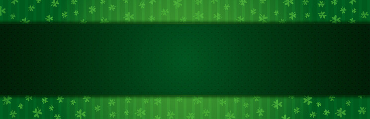 Green Patricks Day greeting banner with green clovers. Patrick's Day holiday design. Horizontal background, headers, posters, cards, website. Vector illustration