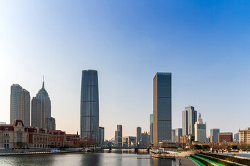 Fototapeta na wymiar waterfront downtown skyline with Tianjin high-rise building cityscape at Haihe riverside, Tianjin city, China