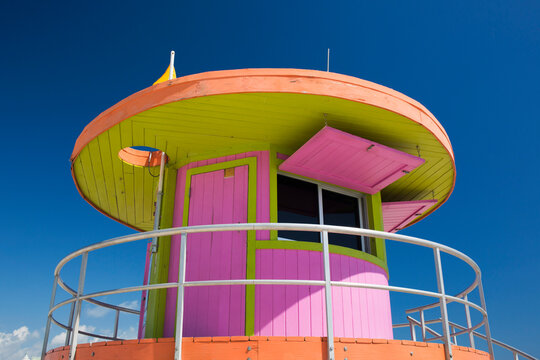 Colourful beach lifeguard station, low angle view, Art Deco Historic District, South Beach, Miami Beach, Florida, United States of America, North America
