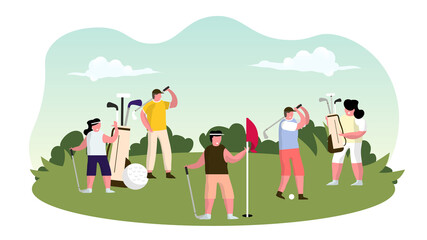 Young Characters with Golf Equipment and Cart, Happy People Relaxing on Golf Field. Group of Young People Playing Golf on Course with Green Grass