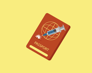 Passport Vaccine concept: Passport book with syringe and coronavirus on the cover. Covid-19 crisis. Cartoon vector style for your design.