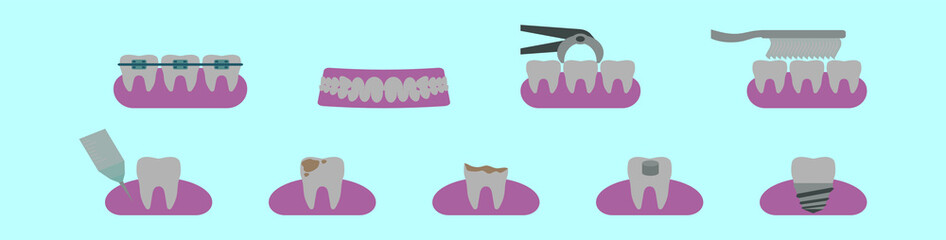 set of dental cartoon icon design template with various models. vector illustration isolated on blue background
