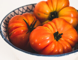 Spanish tomatoes on a ceramic plate. White background. Angle view.